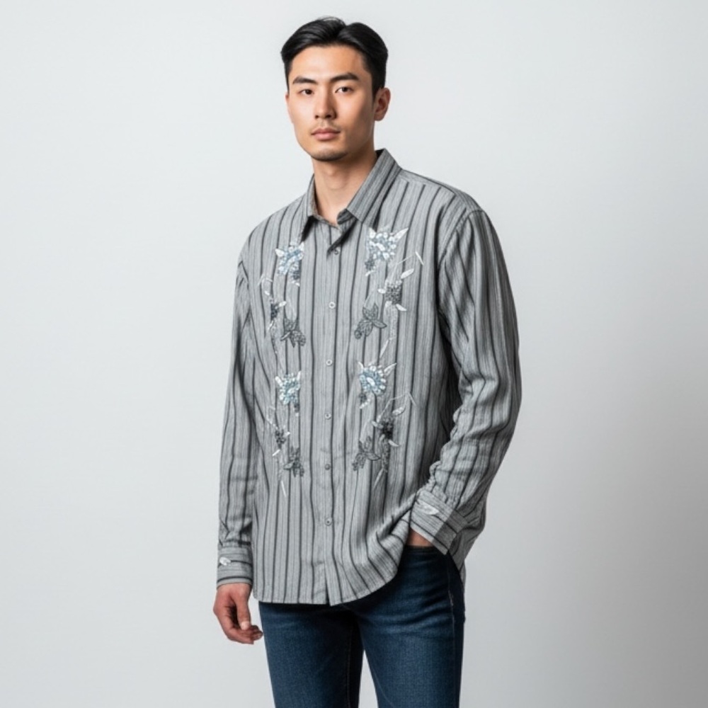coastal mens flower embroidered gray stripe long sleeve collar shirt